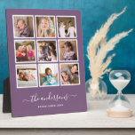 Placa Expositora Guión de Collage de Fotos con Color de Fondo Edita<br><div class="desc">Placa de fotos con 9 fotos cuadradas dispuestas en un diseño de cuadrícula, cada una con un borde blanco alrededor de ellas sobre un color de fondo editable (haga clic en personalizar para cambiar el color de fondo). También puede agregar el nombre de su familia en una fuente de caligrafía...</div>