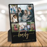 Placa Expositora Guión de la familia de collages de fotos múltiples<br><div class="desc">Elegante guión moderno de caligrafía escrita a mano por la familia con seis fotos personalizados plancha de placa de foto de keepsake oro negro.             Tenga en cuenta que el color de fondo puede cambiar. Puede reemplazar el negro por cualquier otro color después de seleccionar la opción PERSONALIZAR.</div>