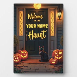 Placa Expositora Halloween con gato negro personalizado y luna llen