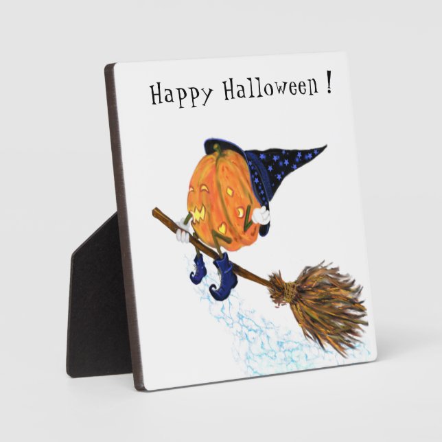 Placa Expositora Halloween Plaque Witch Pumpkin Flying Broom (Anverso)