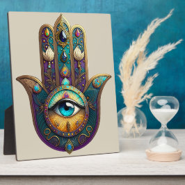 Placa Expositora Hamsa Violeta Dorado Teal con Tercer Ojo Turquesa