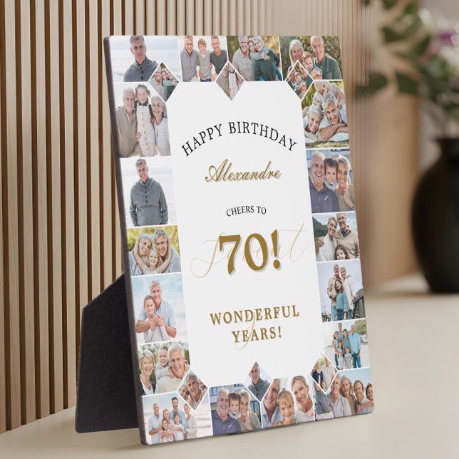 Placa Expositora Happy 70th Birthday Personalized Photo Collage (Happy Birthday Cheers To 70 Years Photo Collage Plaque)