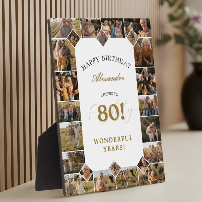 Placa Expositora Happy 80th Birthday Personalized Photo Collage (Happy Birthday Cheers To 80 Years Photo Collage Plaque)