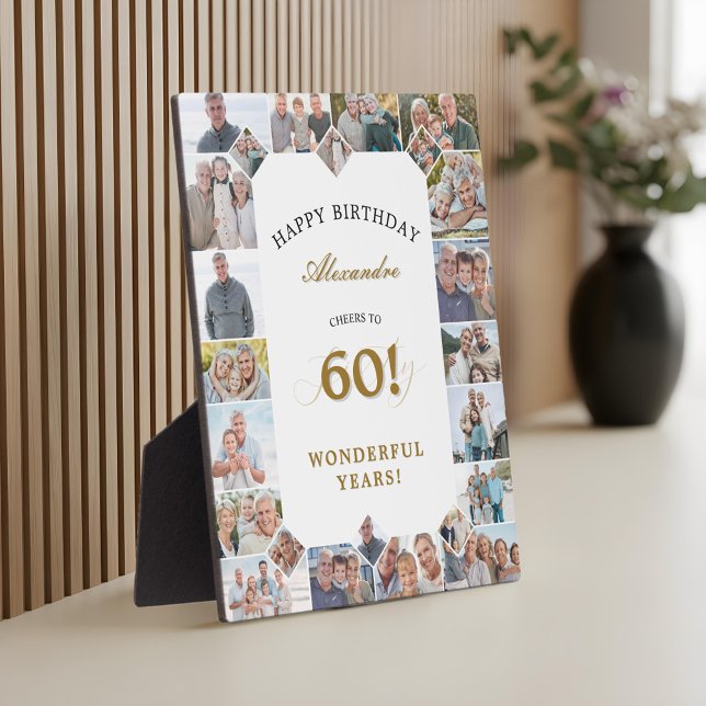 Placa Expositora Happy Birthday Cheers To 60 Years Photo Collage (Happy Birthday Cheers To 60 Years Photo Collage Plaque)