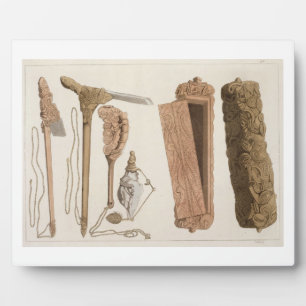 Placa Expositora Herramientas aborígenes talladas y decoradas, ilus