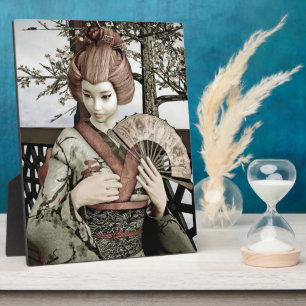 Placa Expositora Ilustración de abanico de kimono de geisha vintage