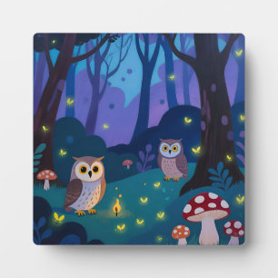 Placa Expositora Ilustración de Búhos del Bosque Nocturno