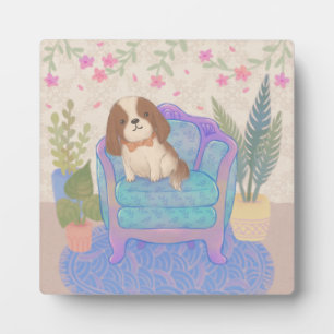 Placa Expositora Ilustración de cachorro lindo en sillón vintage