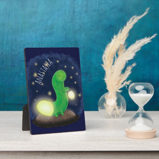 Placa Expositora Ilustracion personalizado de gusano de brillo verd (Lado)