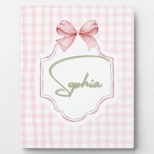 Placa Expositora Impresión personalizada Amelia Pink Bow & Gingham (Frente)