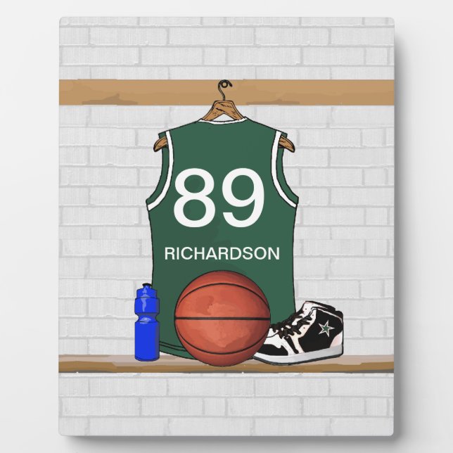 Placa Expositora Jersey de baloncesto verde y blanco personalizado (Frente)