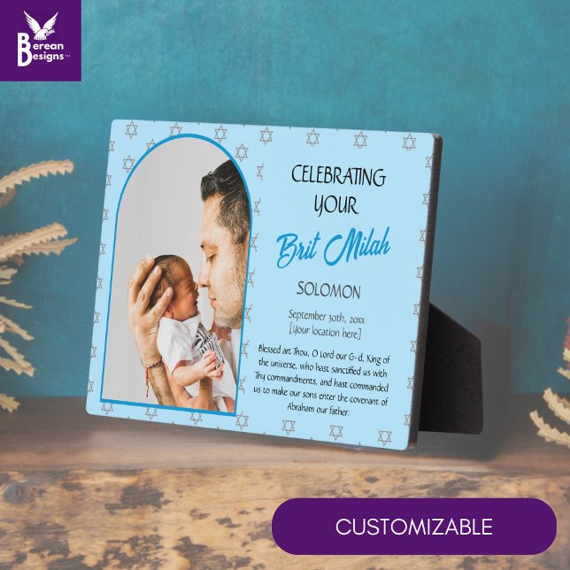 Placa Expositora JEWISH BABY SON Nombre personalizado Foto BRIT MIL (Cute Jewish baby boy BRIT MILAH plaque with CUSTOMIZABLE TEXT and PHOTO to celebrate your baby)