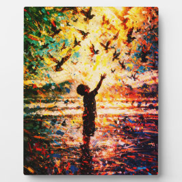 Placa Expositora Joyful Child Playing with Birds Sunrise Water