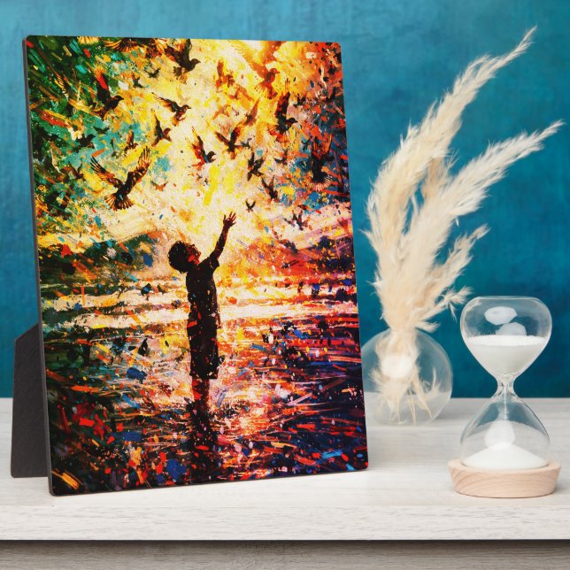 Placa Expositora Joyful Child Playing with Birds Sunrise Water (Lado)