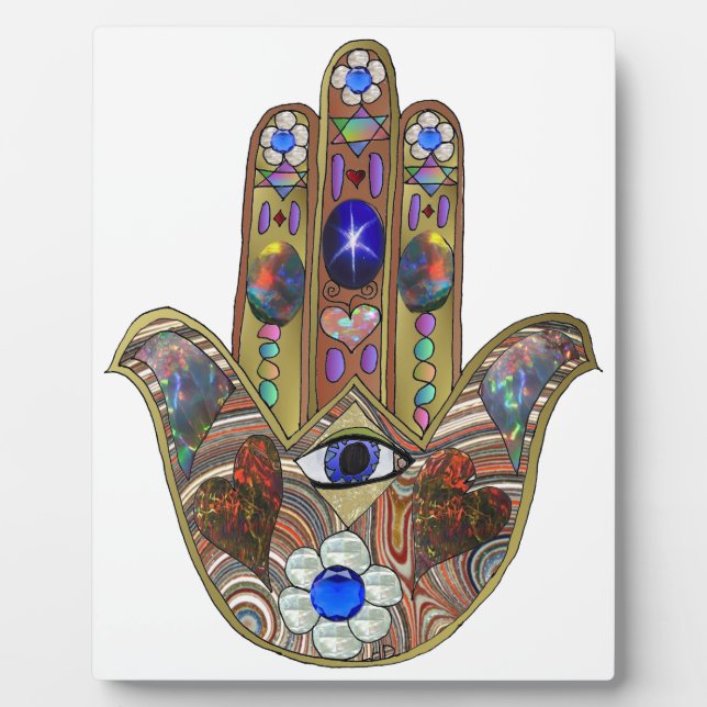 Placa Expositora Judaica Hamsa Hearts Flowers Opal Art Print (Frente)