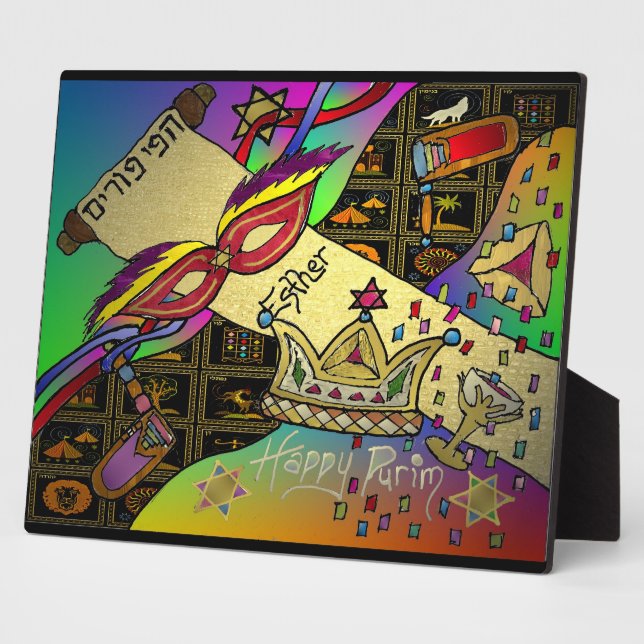 Placa Expositora Judaica Happy Purim Jewish Holiday Plaque (Lado)
