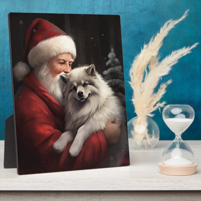 Placa Expositora Keeshond Con Santa Claus Navidad Festiva (Lado)