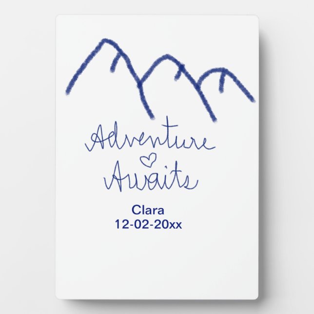 Placa Expositora La aventura espera corazón de montaña azul agregar (Frente)