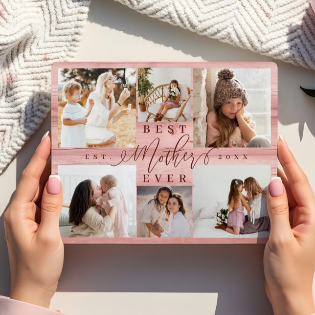 Placa Expositora La mejor madre Collage de fotos jamás grano de mad (Best Mother Ever Photo Collage Pink Woodgrain Plaque)