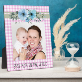 Placa Expositora La mejor mamá del mundo con flores azules rosadas