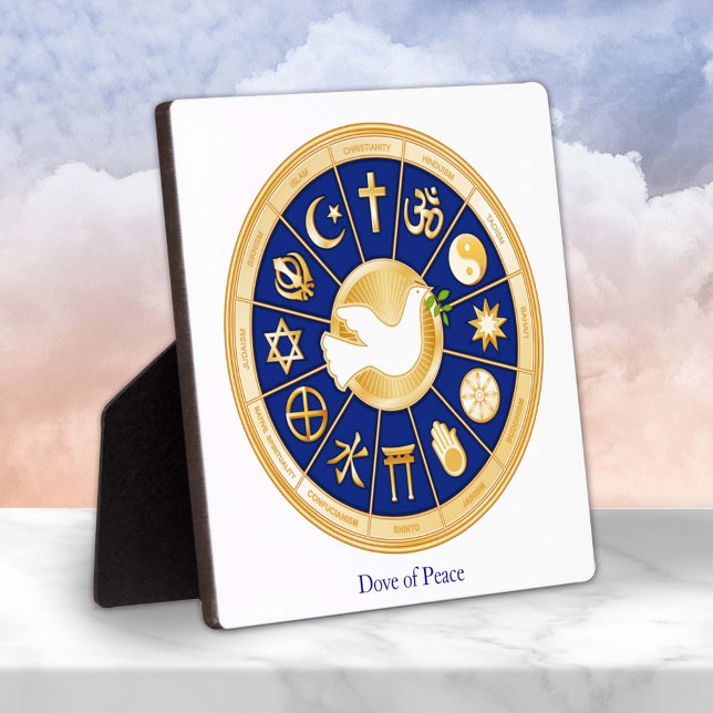 Placa Expositora La paloma de la paz (Dove of Peace Plaque.
Gold icons of world faiths surround the Dove of Peace. )