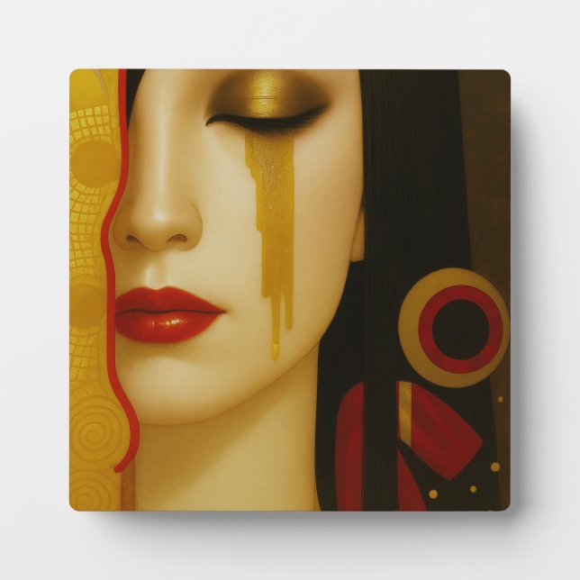 Placa Expositora lágrimas doradas de Freya con cabello oscuro (Frente)