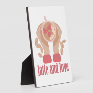 Placa Expositora Latte y taza de amor, manos y cita de café