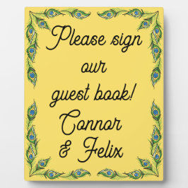 Placa Expositora Libro de invitados Peacock Feathers Yellow Boda