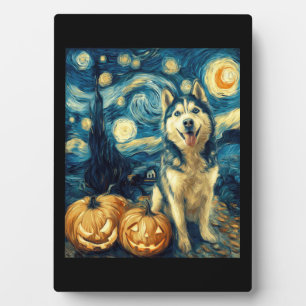 Placa Expositora Lindo perro Husky Siberiano Halloween Jack O Linte
