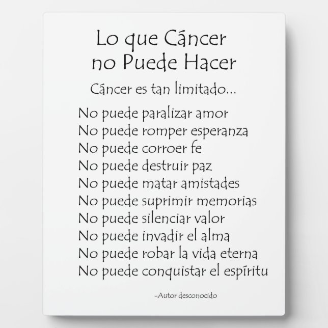 Placa Expositora Lo que el cáncer no puede hacer poem platque (Frente)