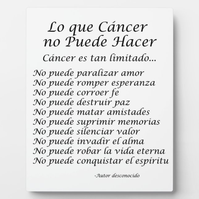 Placa Expositora Lo que el cáncer no puede hacer poem platque (Frente)