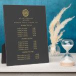 Placa Expositora Logo de las hojas de oro gris | precios de masaje<br><div class="desc">El diseño elegante muestra sus servicios, la lista de precios o la información comercial bajo un círculo de ramas y hojas en falsos Relieves metalizados de oro y su nombre o nombre de negocio. Incluye tres encabezados de personalizable y campos de texto de cuerpo. Para ajustar el diseño, introduzca el...</div>