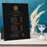 Placa Expositora Logo de las hojas de oro negro | precios de masaje<br><div class="desc">El diseño elegante muestra sus servicios, la lista de precios o la información comercial bajo un círculo de ramas y hojas en falsos Relieves metalizados de oro y su nombre o nombre de negocio. Incluye tres encabezados de personalizable y campos de texto de cuerpo. Para ajustar el diseño, introduzca el...</div>
