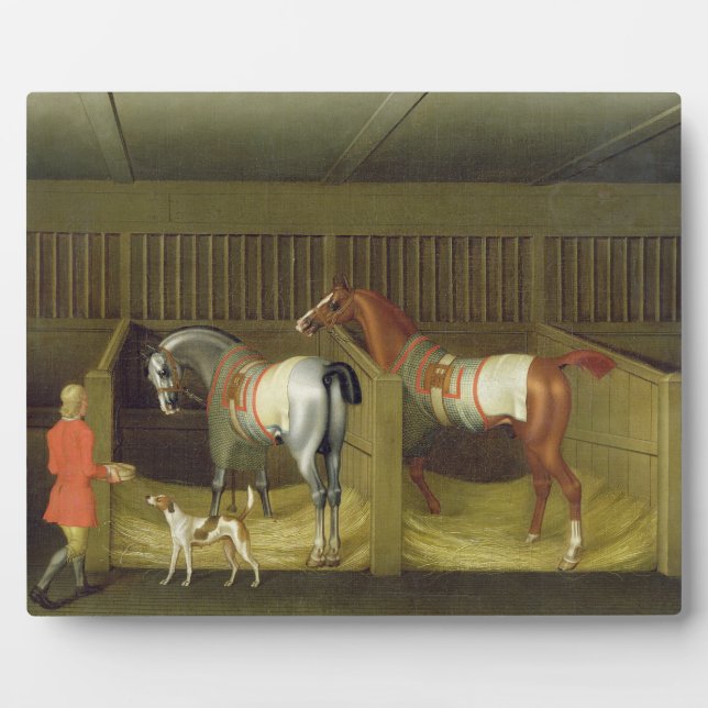 Placa Expositora Los establos y dos famosos caballos en carrera per (Frente)