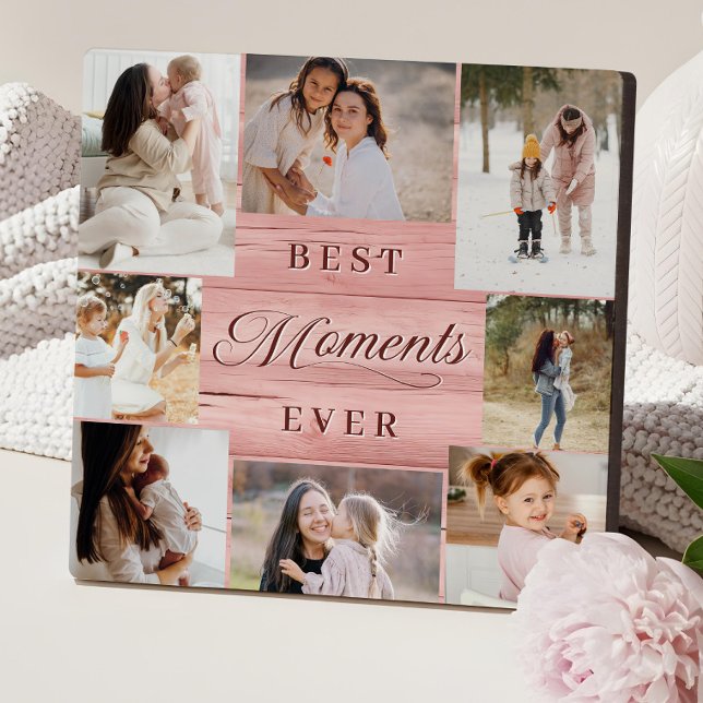 Placa Expositora Los mejores momentos de la historia del Collage de (Best Moments Ever Photo Collage Pink Woodgrain Plaque)