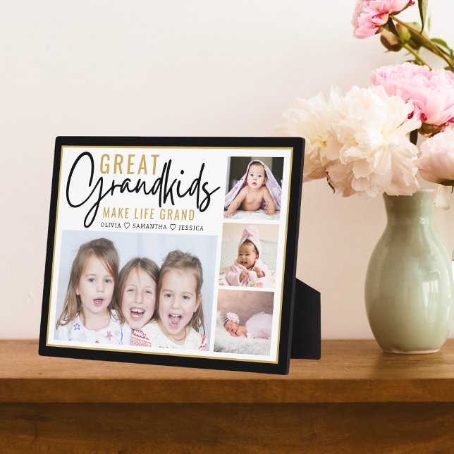 Placa Expositora Los nietos hacen de la vida grandes abuelos 4 foto (Grandkids Make Life Grand Grandparents 4 Photo Plaque-Gift for Great Grandma And Great Grandpa)