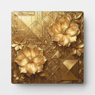 Placa Expositora Lujoso patrón floral Art Deco dorado con relieve