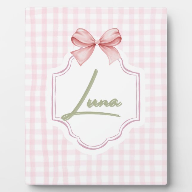 Placa Expositora Luna Baby Nursery Bow & Gingham Personalizado (Frente)