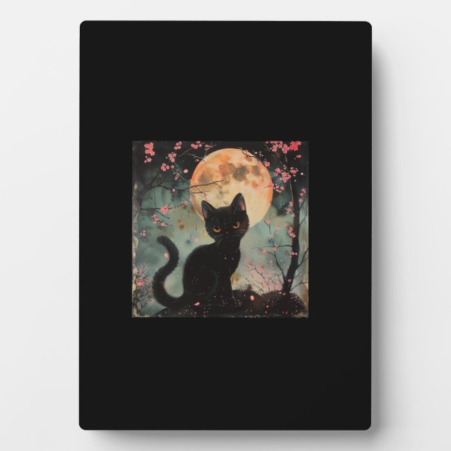 Placa Expositora Luna Roja mística con gato negro y sakura (Frente)