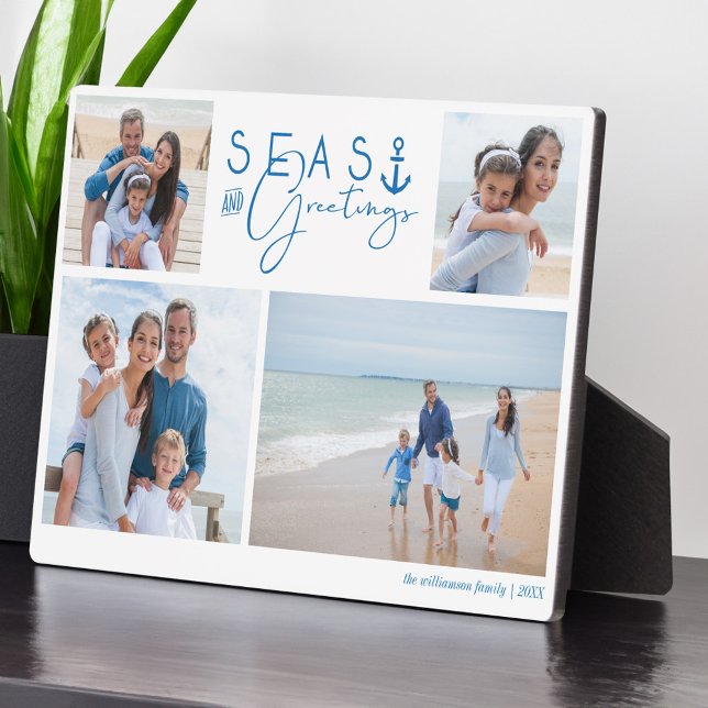 Placa Expositora Mares y saludos Blue Nautical Múltiple foto (Seas & Greetings Blue Nautical Multiple Photo Plaque)