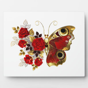 Placa Expositora Mariposa de flor roja con rosas rojas