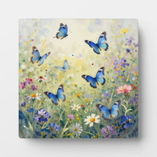 Placa Expositora Mariposas Azules Acuarela Prado de Flores Silvestr