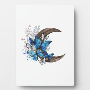 Placa Expositora Mariposas azules en creciente de madera