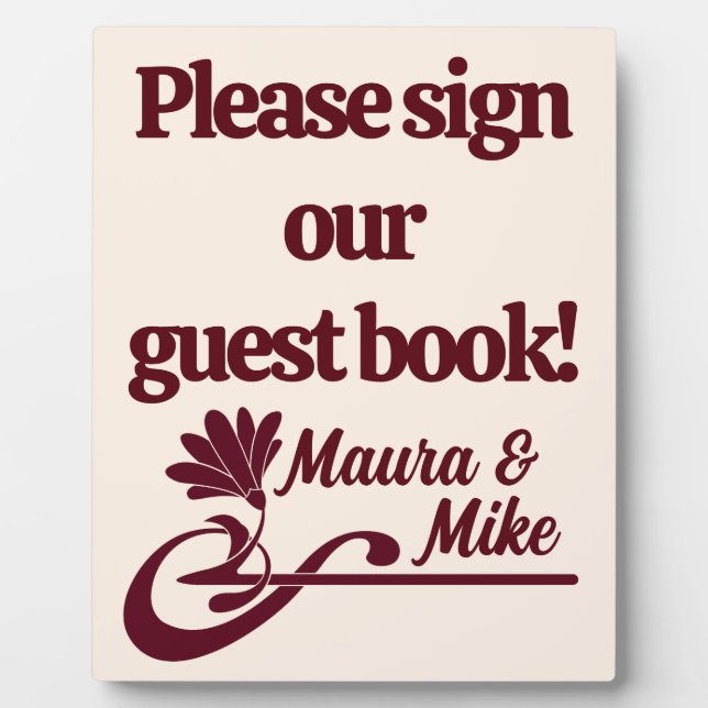 Placa Expositora Maroon Art Nouveau Flourish Guest Book (Frente)