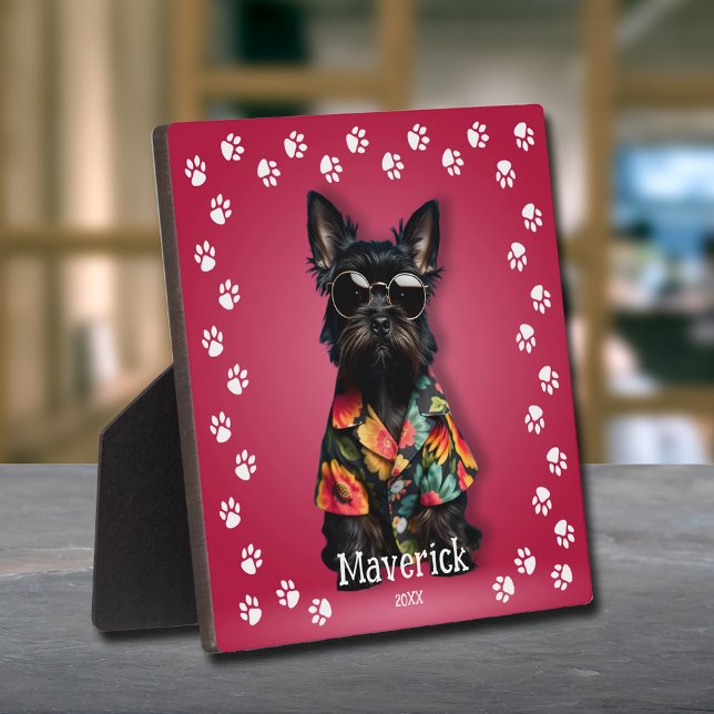 Placa Expositora Mascota de Schnauzer de borde de huella de ruta (Cute Miniature Schnauzer pet easel-back plaque - CHANGE to your pet!)