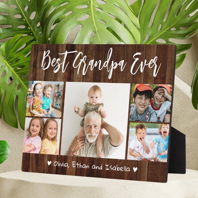 Placa Expositora Mejor Abuelo Abuelo Nunca Abuelos 5 Madera de Coll (Best Grandpa Ever Grandkids 5 Photo Collage Wood Plaque)