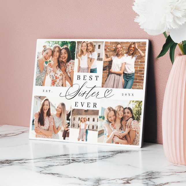 Placa Expositora Mejor Hermana Sister Script Collage de fotos del c (Best Sister Ever Sister Script Heart Photo Collage Plaque)