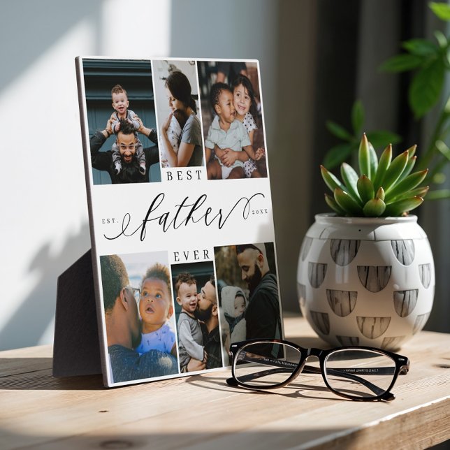 Placa Expositora Mejor Padre Guiar El Día Del Padre Collage de foto (Best Father Ever Script Fathers Day Photo Collage Plaque)