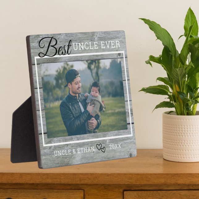 Placa Expositora Mejor Tío Personalizado Foto Rustic Gray Wood (Subido por el creador)