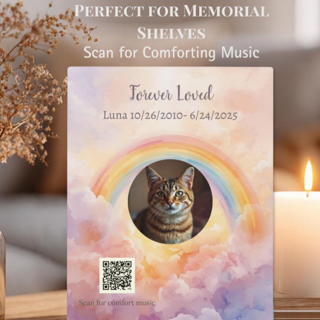 Placa Expositora Memorial Musical Personalizado del Puente Arcoíris (Custom rainbow bridge pet memorial desk plaque with photo & scannable Spotify grief playlist.)
